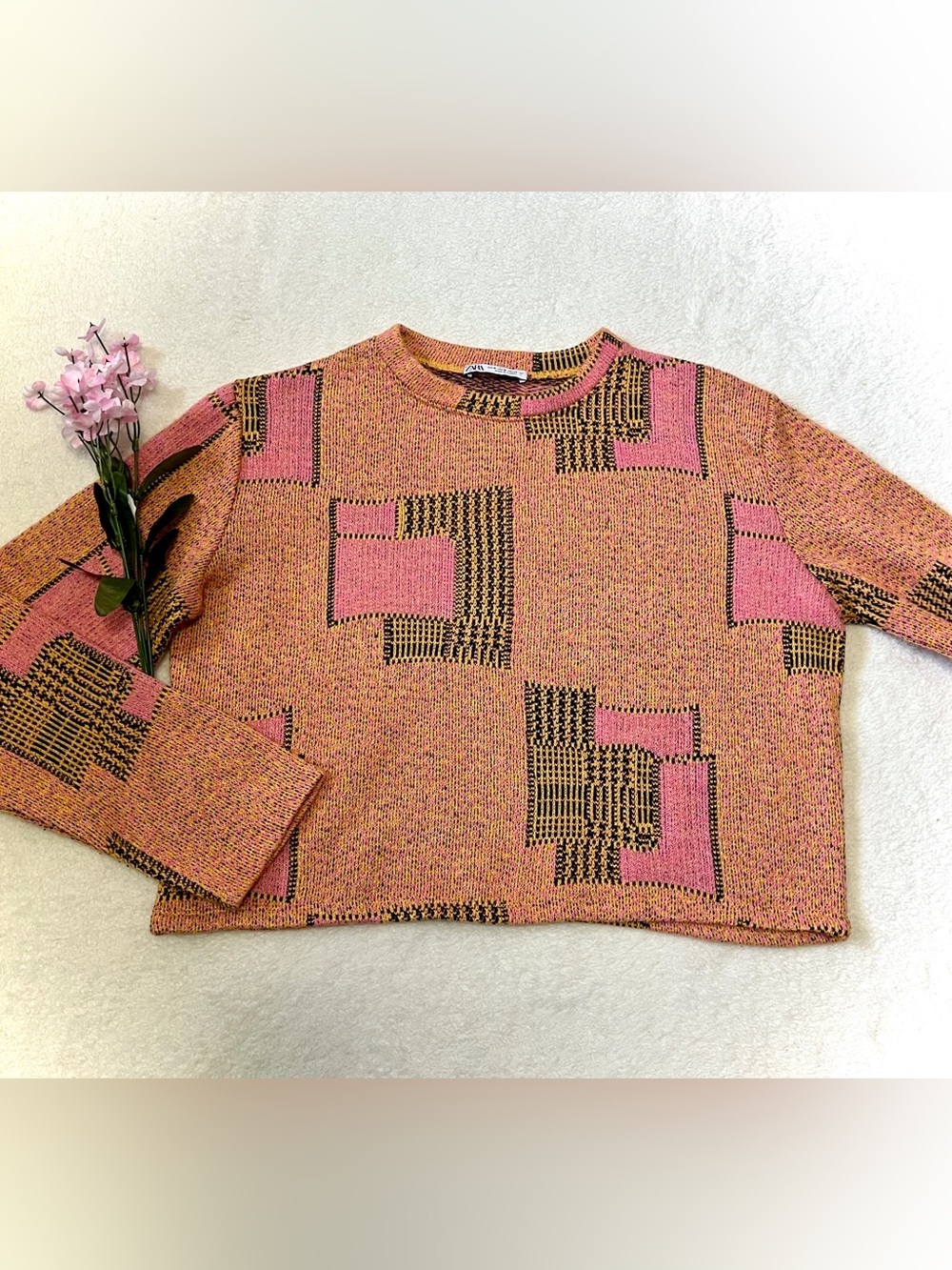 Zara Pink/Orange JacquaZara Pink/Orange Jacquard Geometric Boxy Sweater - Medium